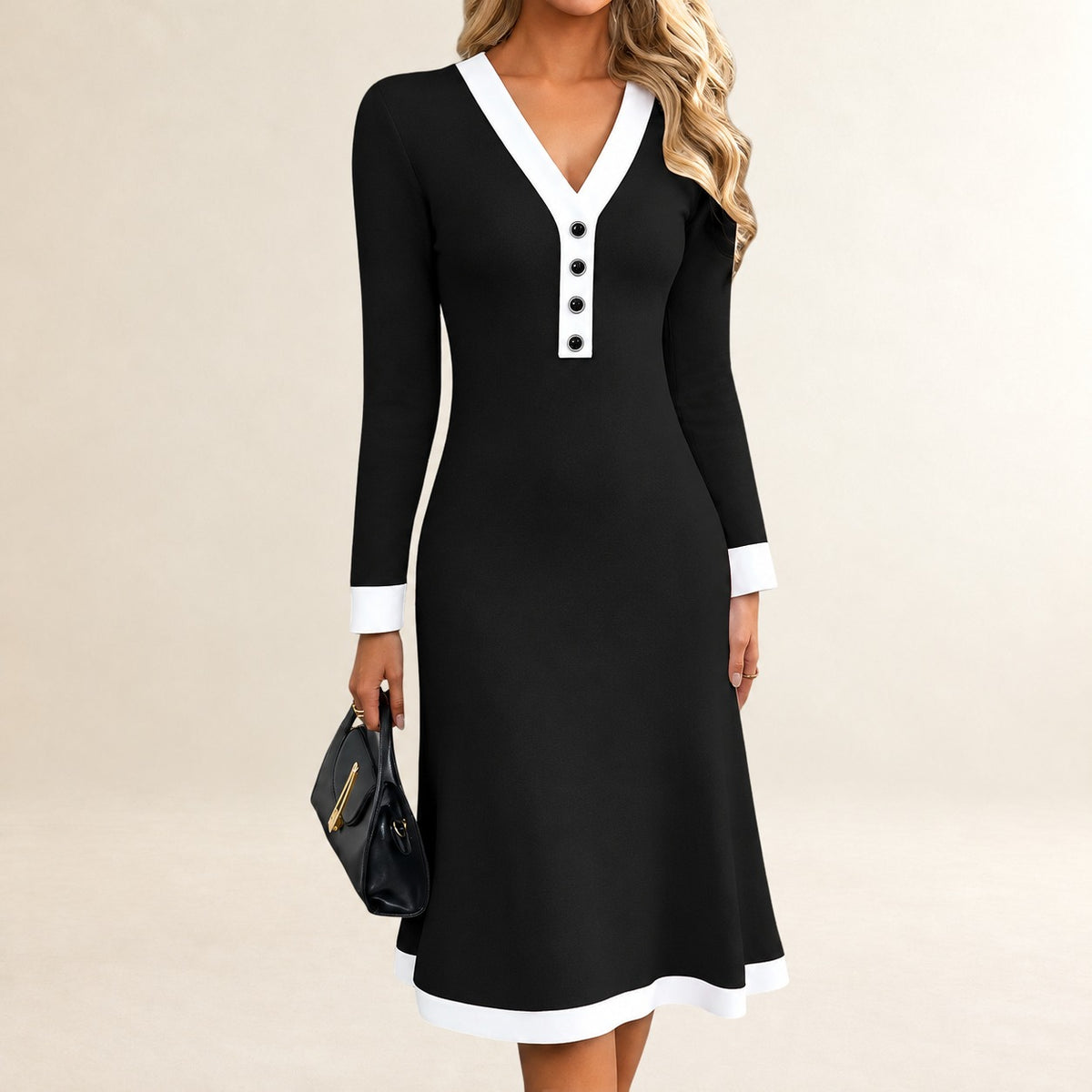 Vestido Midi Mulher decote V com Detalhe de Ilhós e Bolsos Laterais