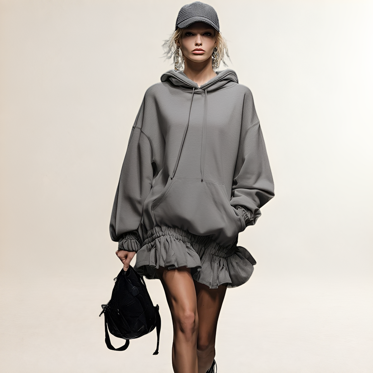 Vestido mini feminino com capuz, barra franzida e corte oversized