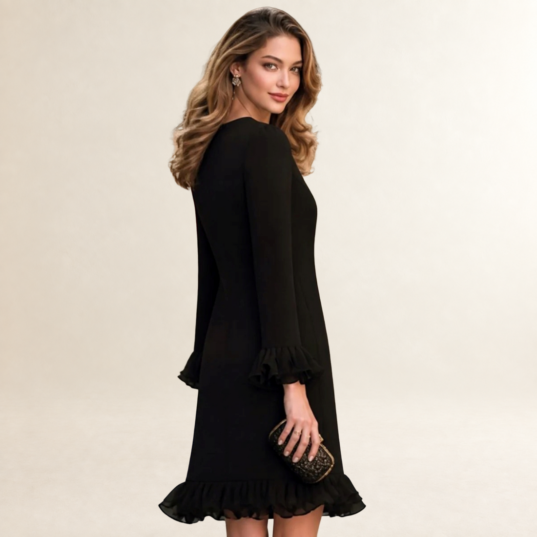 Vestido mini feminino manga longa com decote V e babados na bainha e punhos
