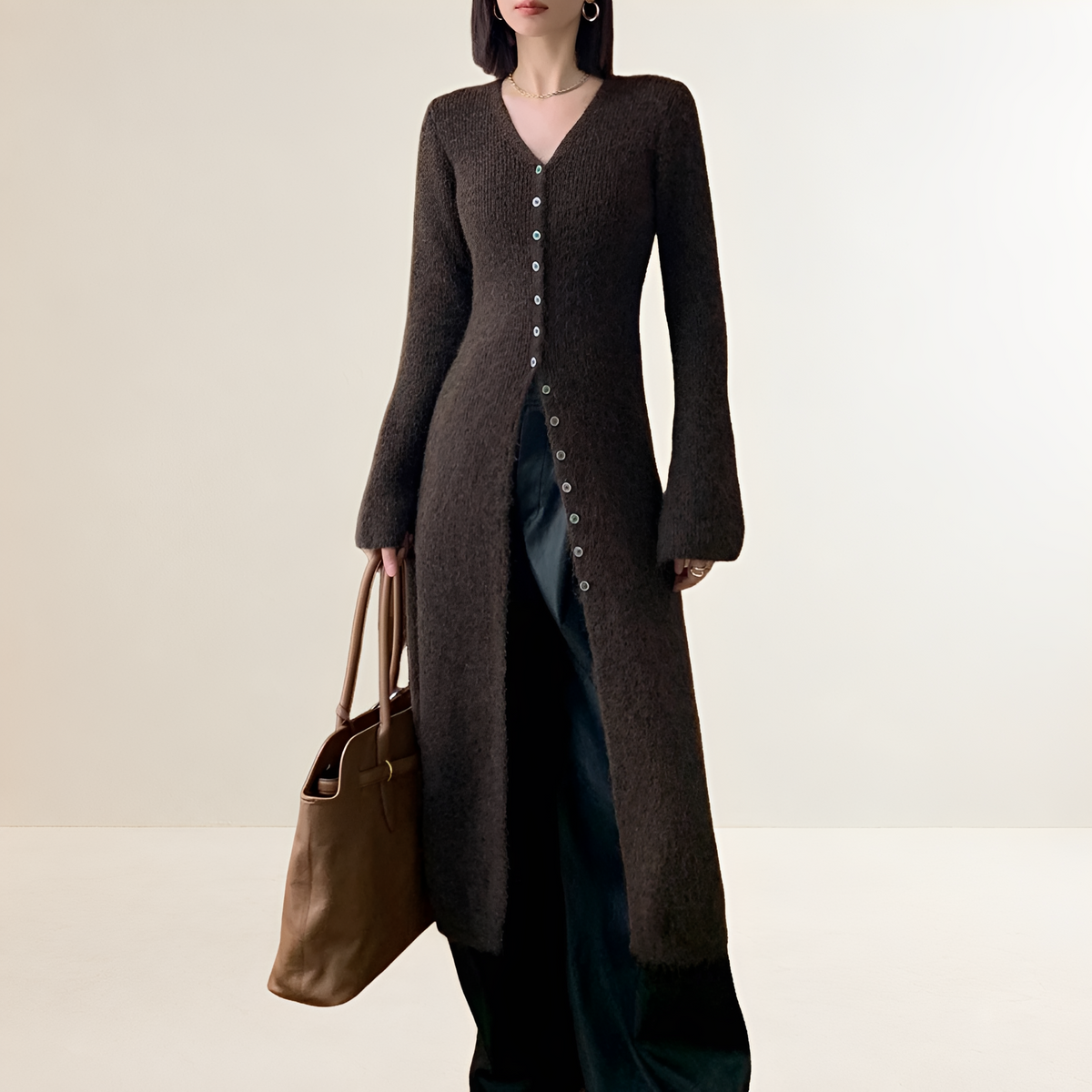 Vestido suéter feminino V com botões frente comprimento midi com abertura frontal