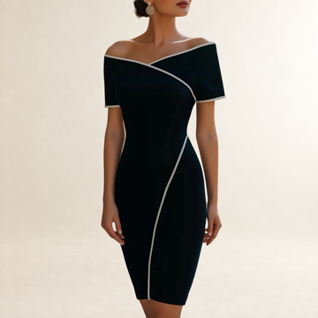 Vestido tubinho de manga curta feminino com decote de ombro a ombro e detalhe de contraste