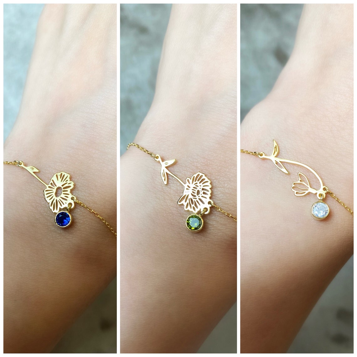 Bracelete de flores de nascimento - Bracelete em pedra de nascimento