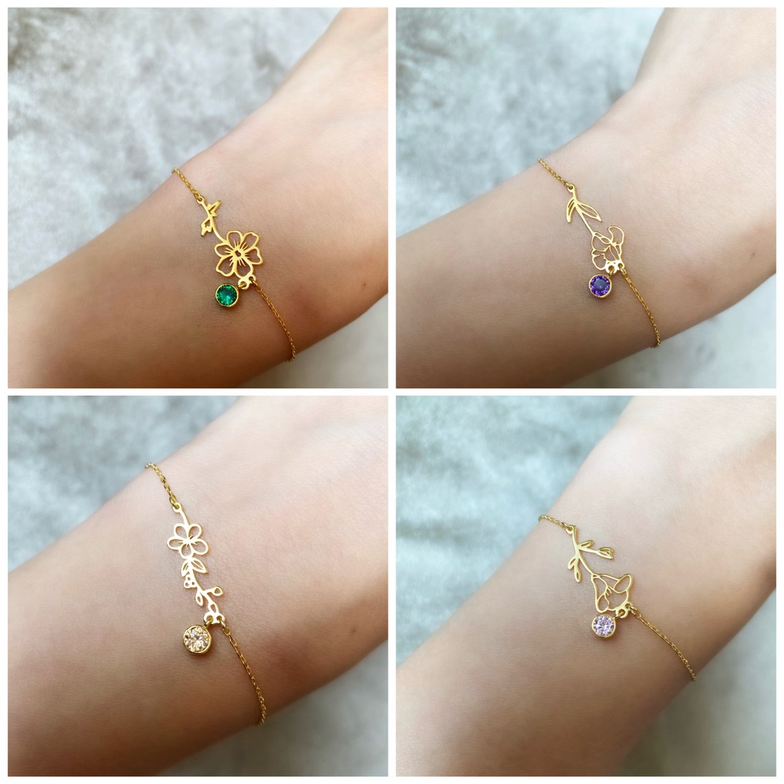 Bracelete de flores de nascimento - Bracelete em pedra de nascimento