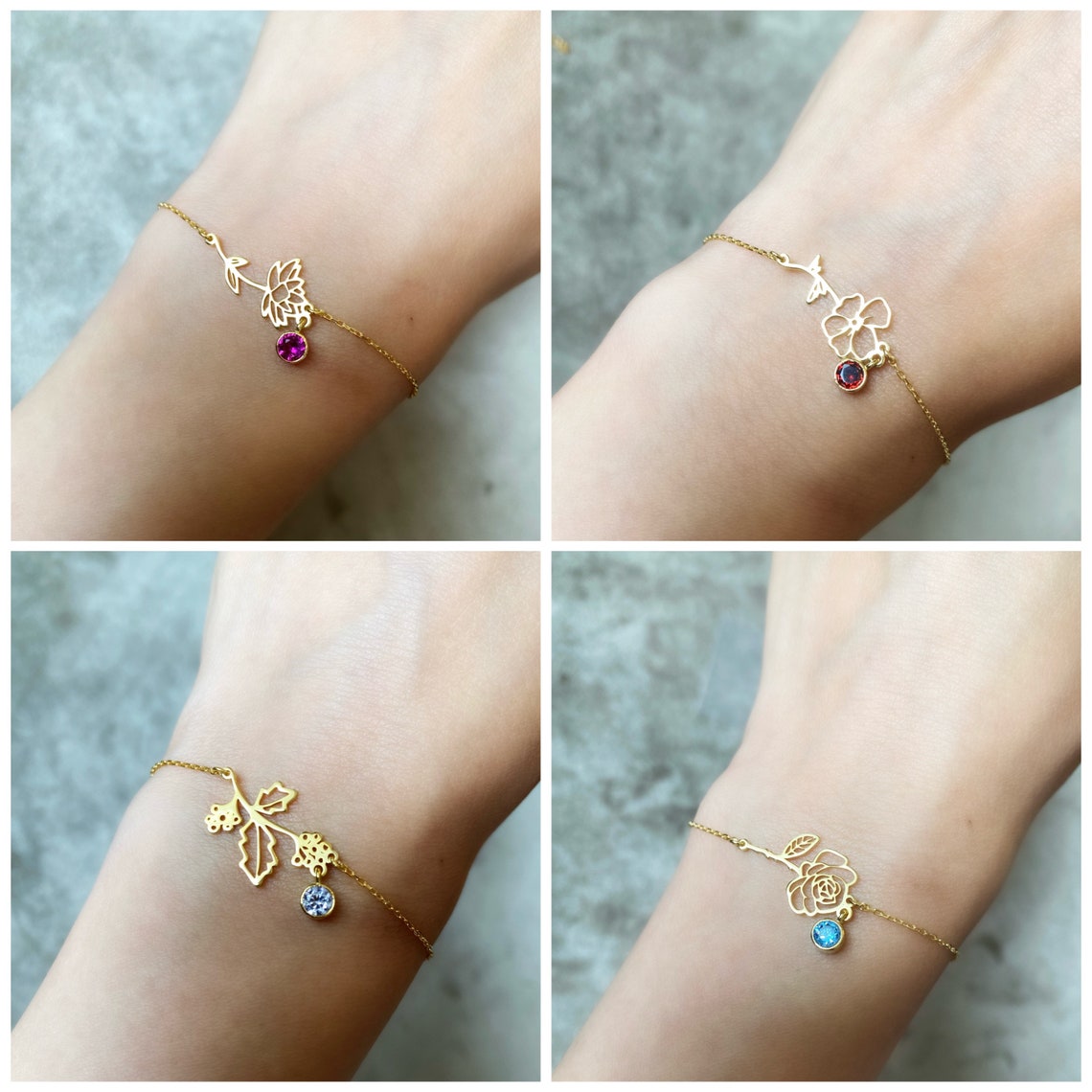 Bracelete de flores de nascimento - Bracelete em pedra de nascimento