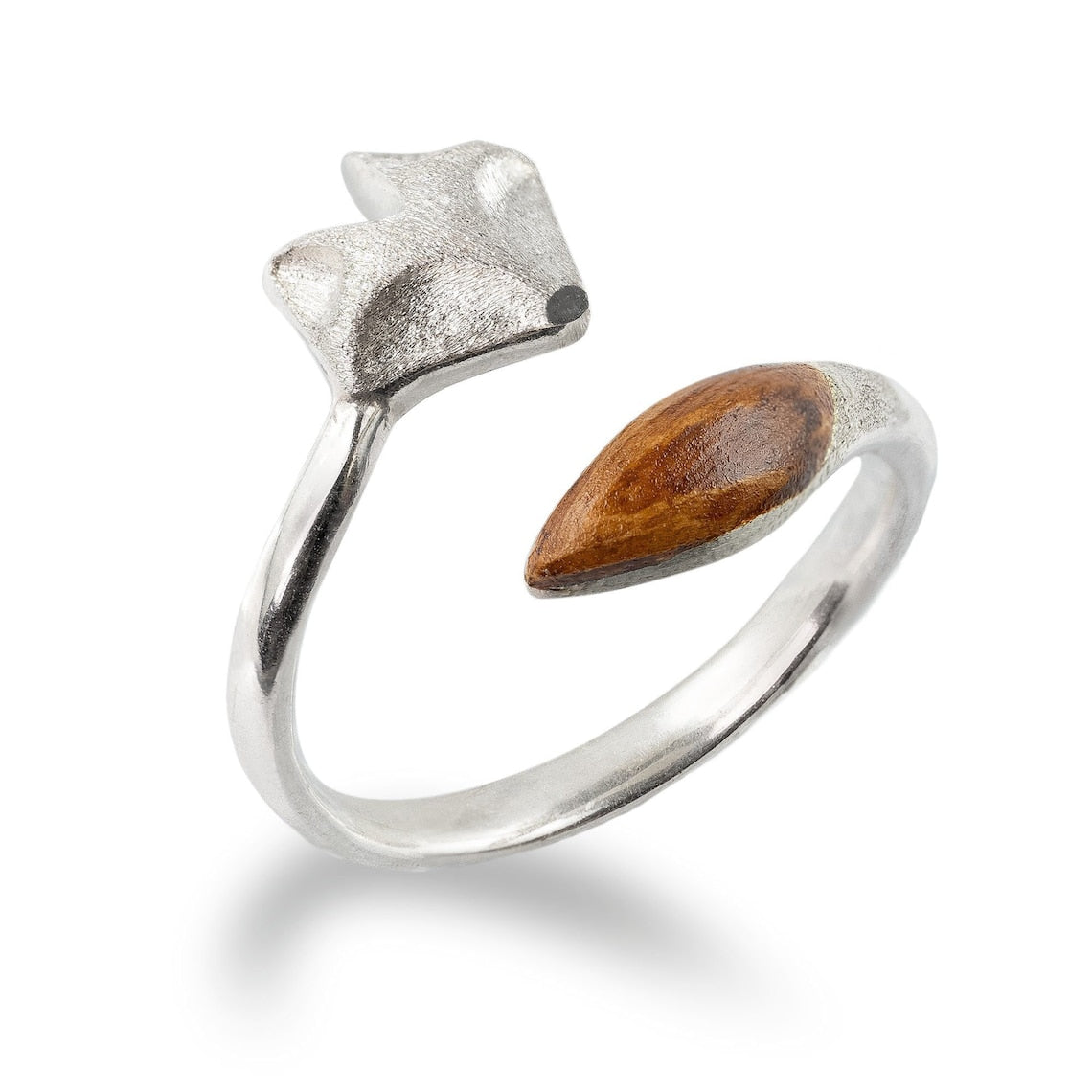 Bague ajustável em madeira - Bague em rosto de raposa prateada