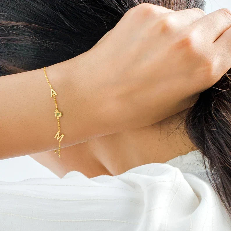 Bracelete Coração com Iniciais Duplas - Bracelete Coração de Amor Duplo para Ela