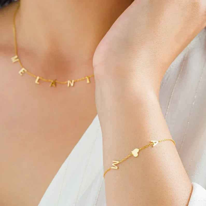 Bracelete Coração com Iniciais Duplas - Bracelete Coração de Amor Duplo para Ela