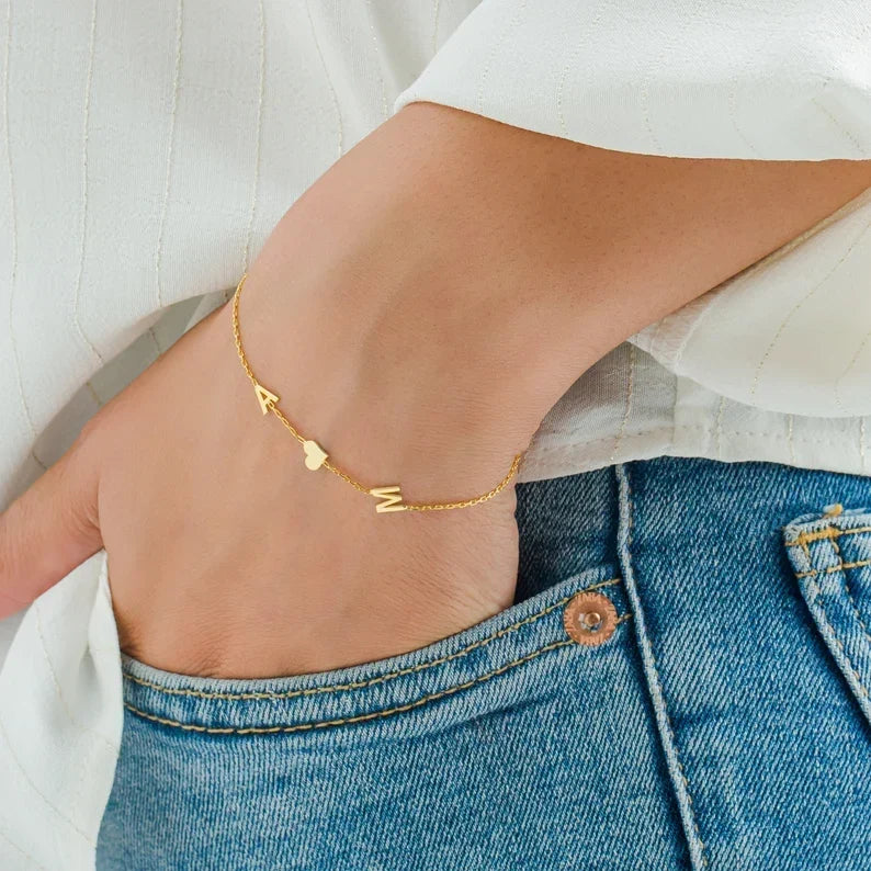 Bracelete Coração com Iniciais Duplas - Bracelete Coração de Amor Duplo para Ela