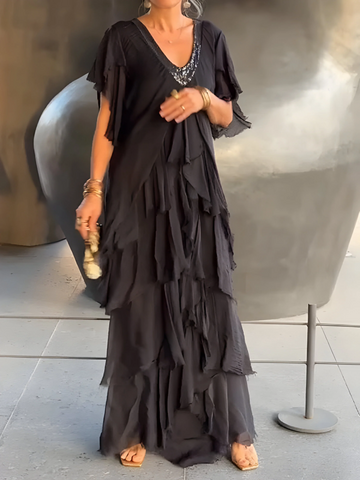 Riza - Vestido Plissado com Decote em V e Fluxo