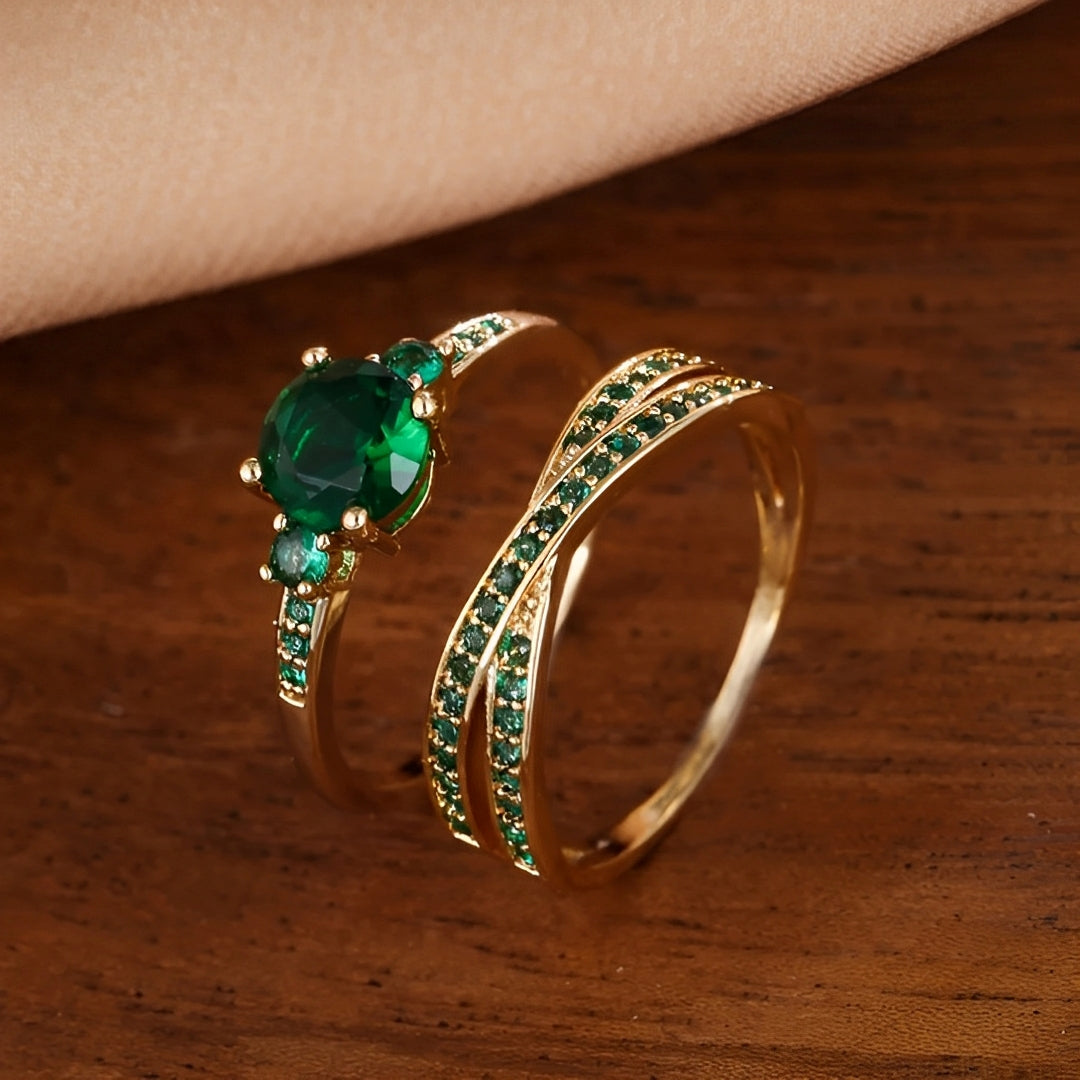 Ivy – Conjunto de Anéis com Cristais Verdes