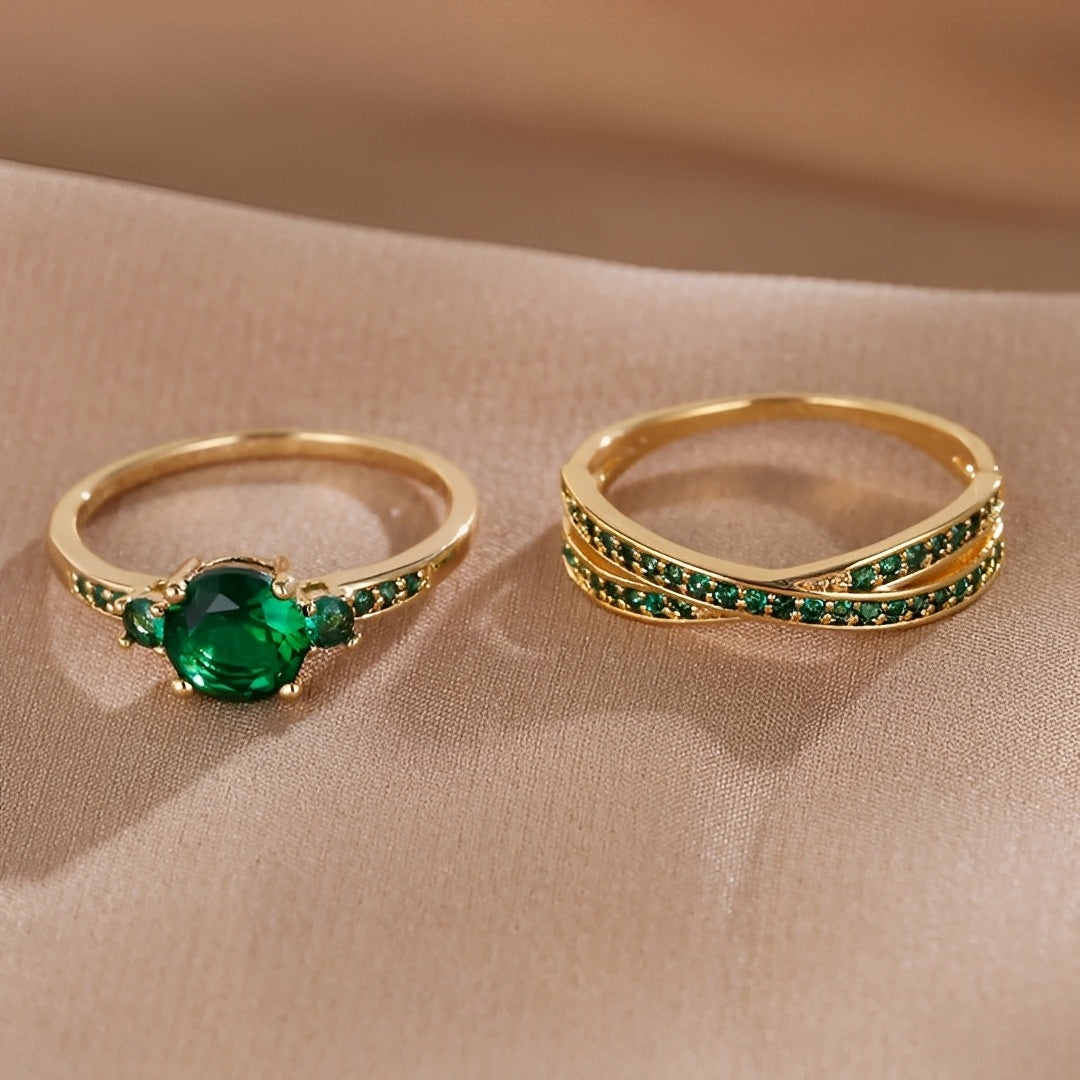 Ivy – Conjunto de Anéis com Cristais Verdes