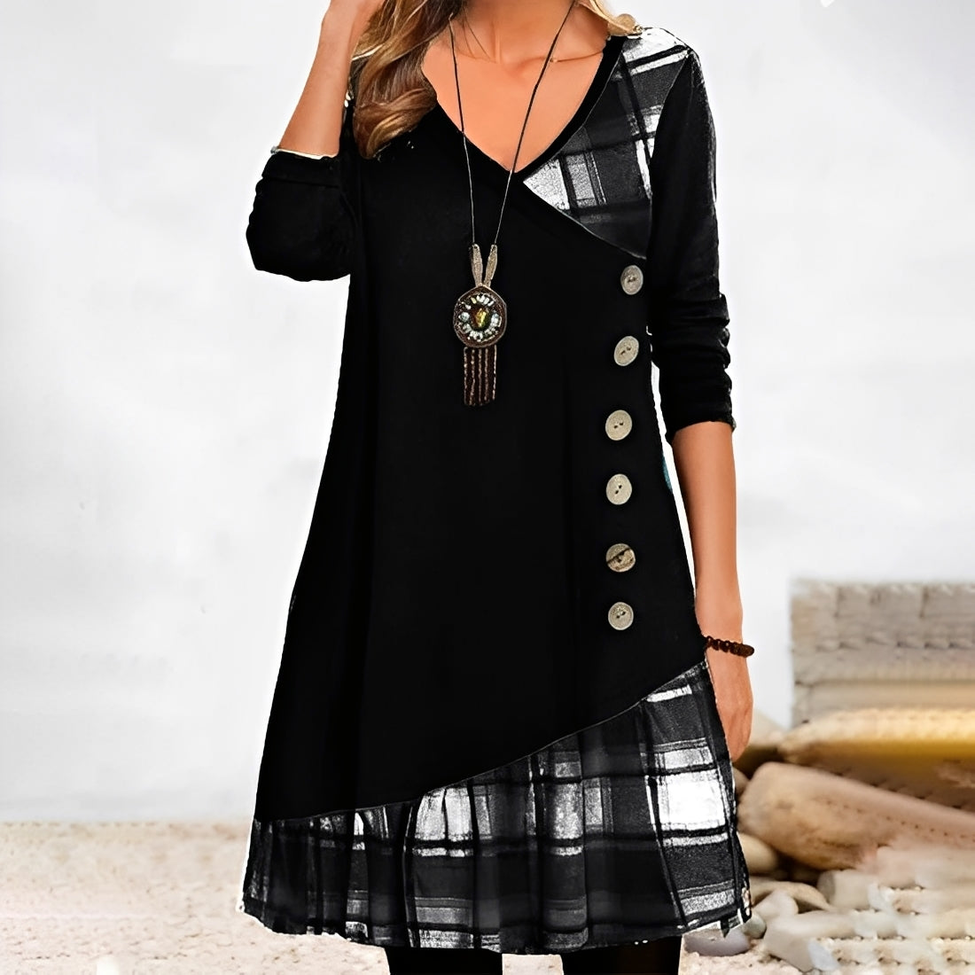 Shawnee - Vestido casual com design de patchwork e xadrez para mulheres