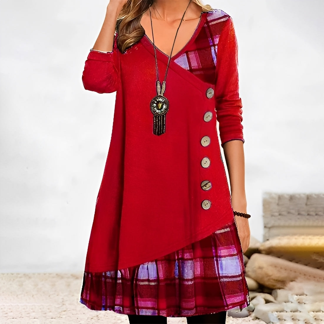Shawnee - Vestido casual com design de patchwork e xadrez para mulheres