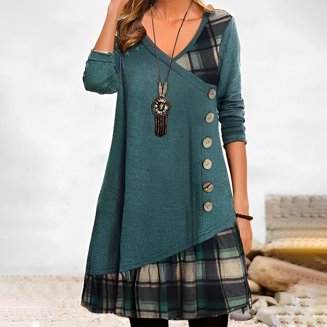 Shawnee - Vestido casual com design de patchwork e xadrez para mulheres